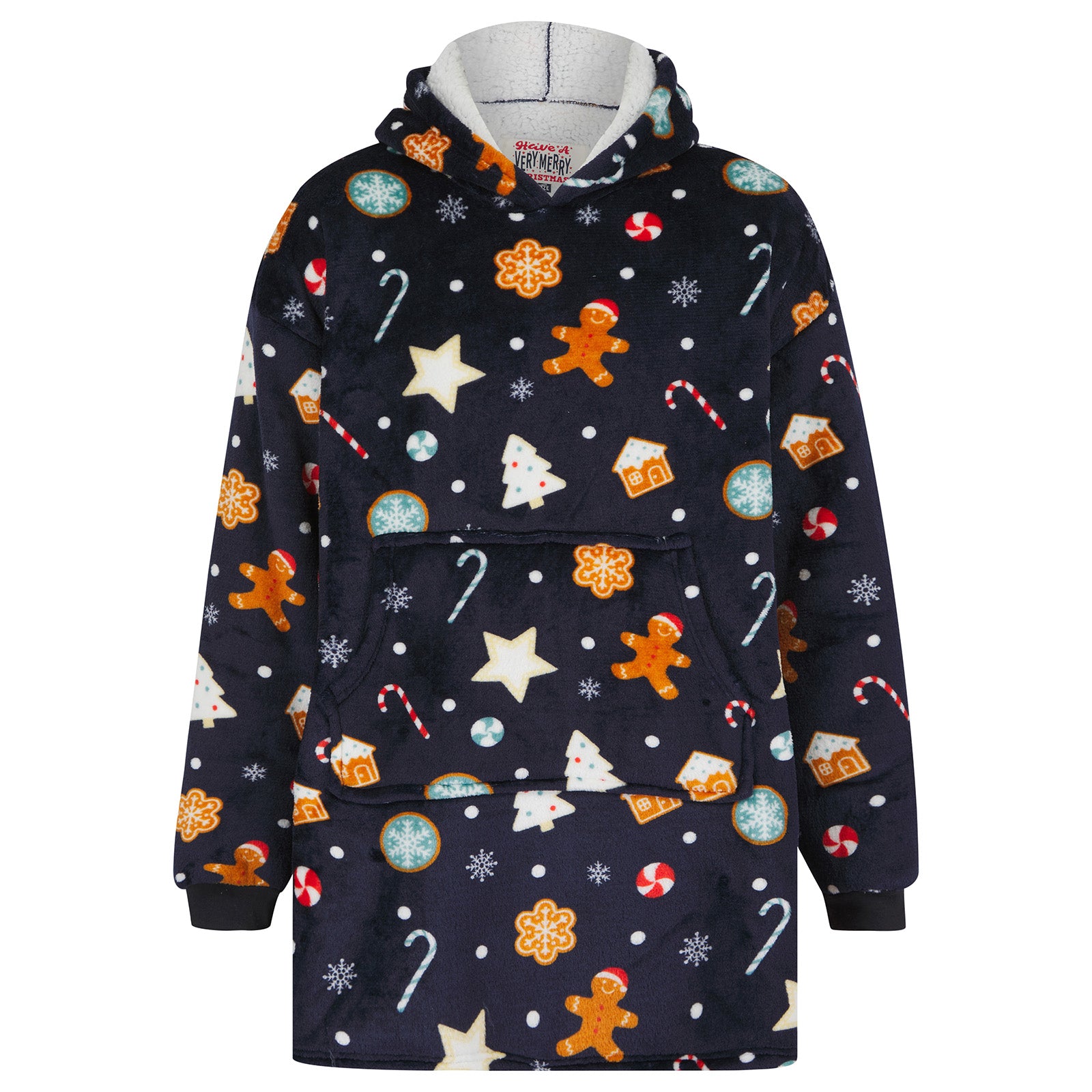 navy blue oversized hoodie with rgingerbread man, tree and star pattern with sherpa fleece lining